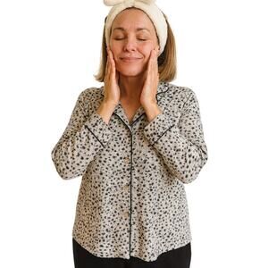 Anne Klein Animal Print Fur Button Sleep Top Gray Black Leopard Sleepwear Medium